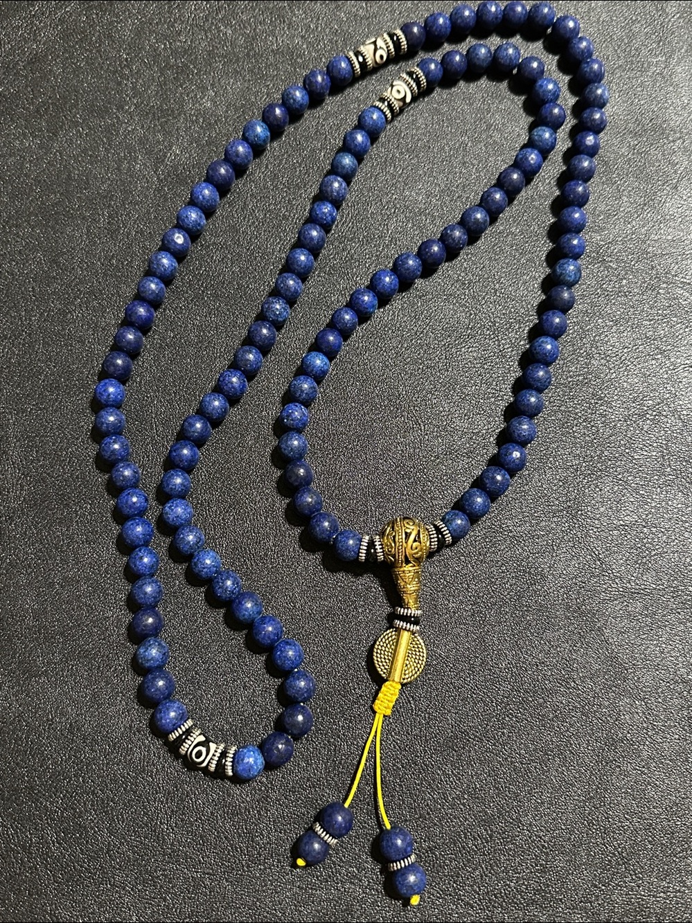 Buddha Stones 108 Beads Lazurite Lapis Lazuli 3-eyed Dzi Bead Necklace - Picture 9 of 12